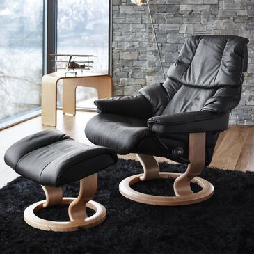 Stressless Reno Medium Chair and Ottoman with Natural Classic Base in Paloma Black, , large