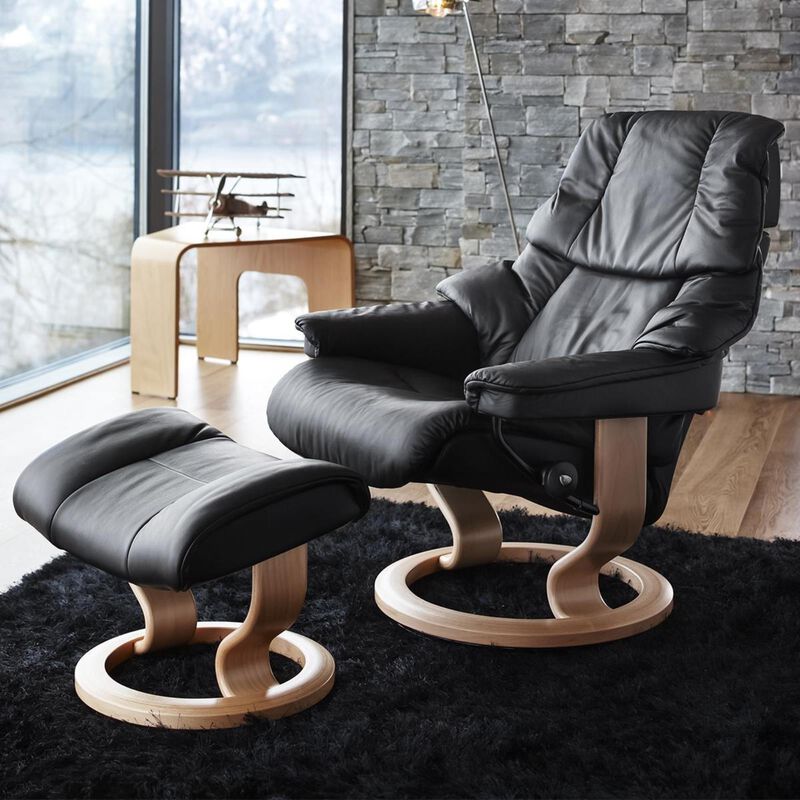 Stressless Reno Medium Chair and Ottoman with Natural Classic Base in Paloma Black