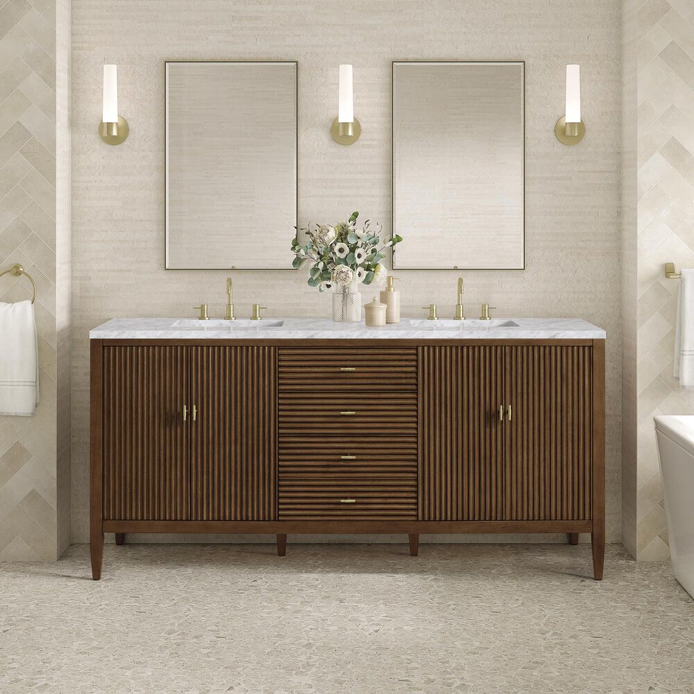 James Martin Vanities Myrrin 72&quot; Double Vanity in Mid Century Walnut with 3 cm Carrara White Marble Top, , large