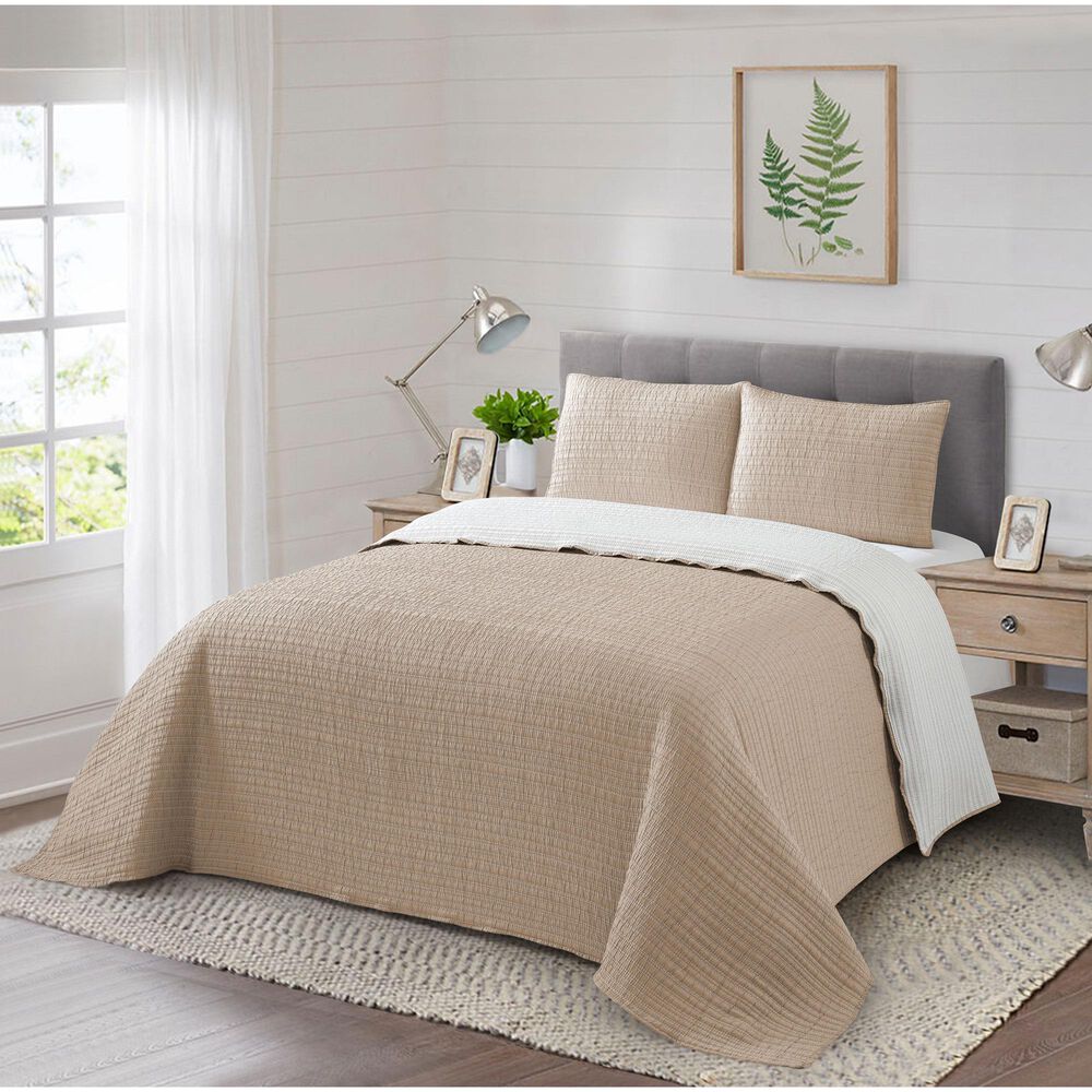 Duke Imports 3-Piece Jacquard Full/Queen Quilt Set in Double Stitched Tan, , large