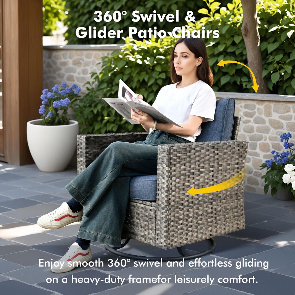 HOMLUX 7-Piece Patio Conversation Set with Rocking Chairs and Fire Pit Table in Denim Blue, , large