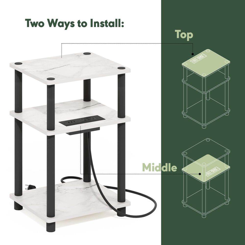 HOMLUX 3-Tier Turn-N-Tube End Table with 2 USB ports in Marble White and Black, , large