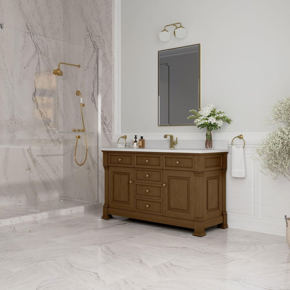 James Martin Vanities Brookfield 60" Single Bathroom Vanity in Honey Oak with Single Hole 3 cm White Zeus Quartz Top and Rectangular Sink, , large