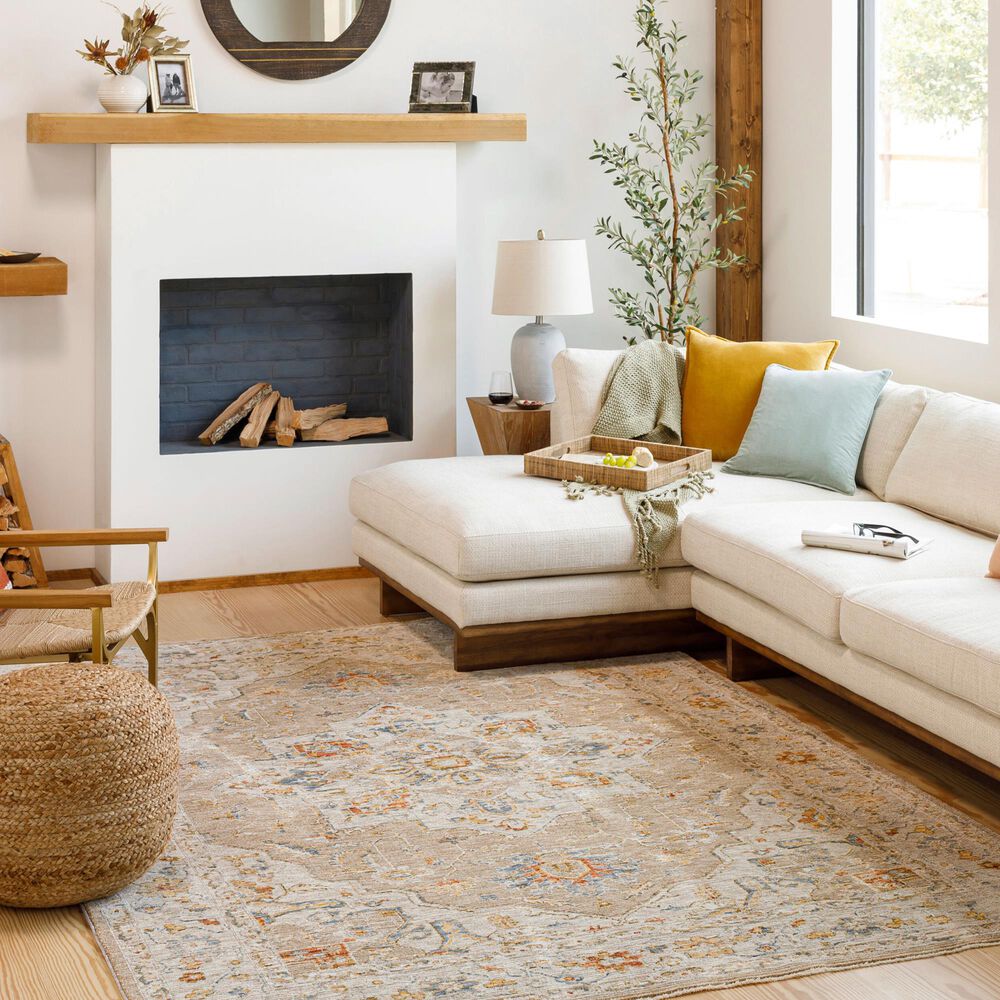 Surya Reina Tan, Light Gray, Medium Gray, Cream, Light Brown, Denim, Rust and Mustard 7'10" x 10'2" Area Rug, , large