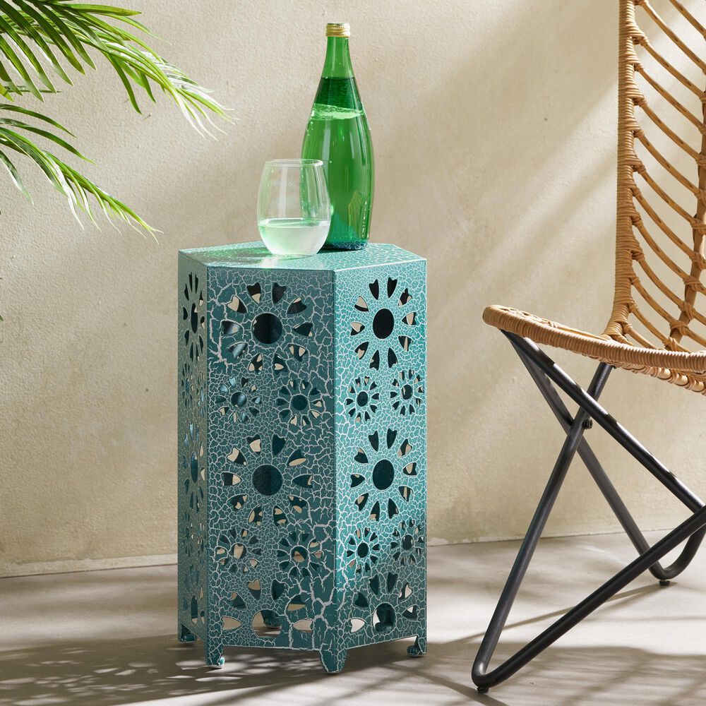 Hearth and Haven Eliana 12" Outdoor Hexagon Metal Side Table with Sunburst Cut Out Design in Teal, , large