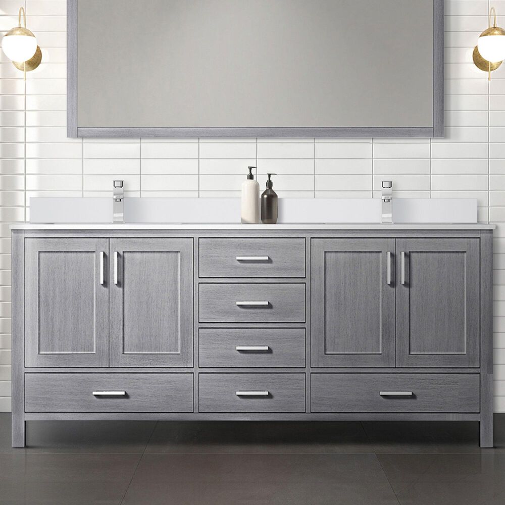Lexora Home Jacques 72&quot; Double Bathroom Vanity in Distressed Grey with 2 cm White Cultured Marble Top and Rectangular Sinks, , large