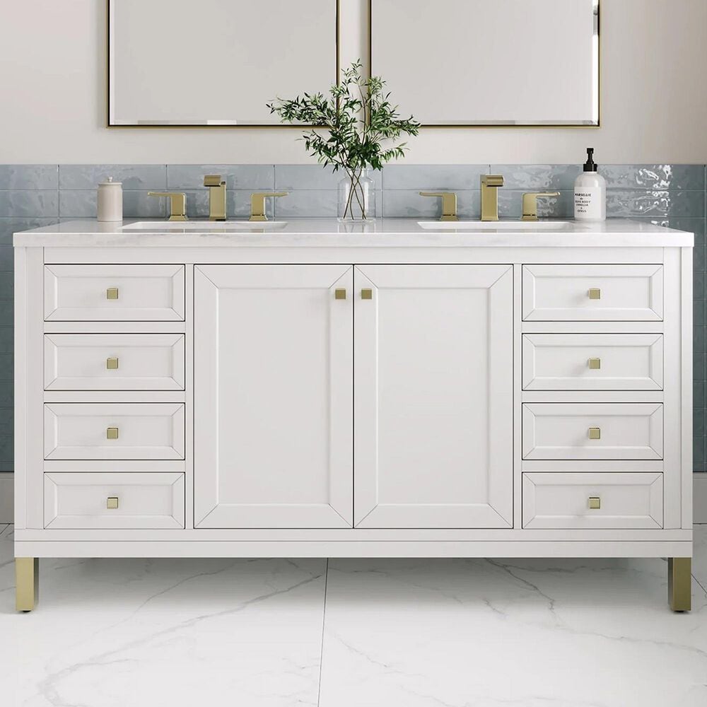 James Martin Vanities Chicago 60&quot; Double Bathroom Vanity in Glossy White with 3 cm Arctic Fall Solid Surface Top and Rectangular Sinks, , large