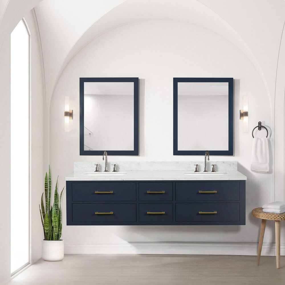 Lexora Home Castor 72&quot; Double Bathroom Vanity in Blue with 2 cm White Carrara Marble Top, Rectangular Sinks and 34&quot; Mirrors, , large