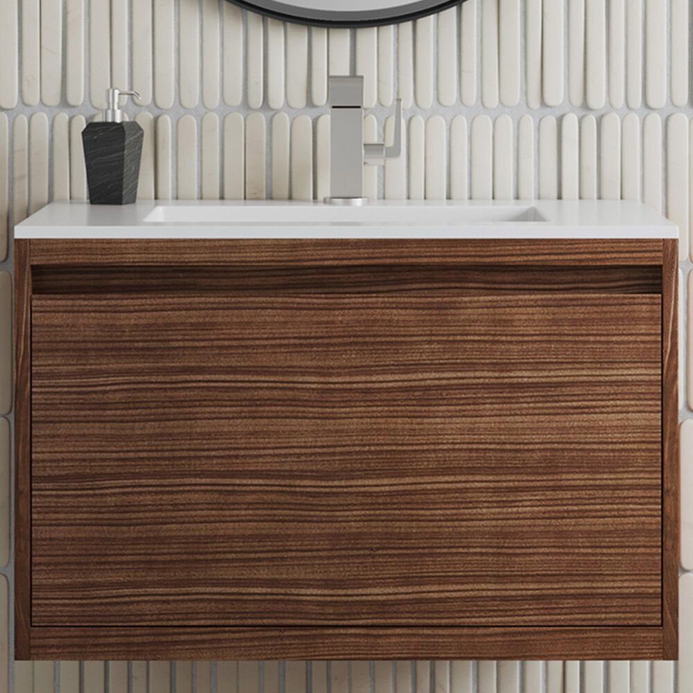 James Martin Vanities Mantova 31.5&quot; Single Vanity in Mid-Century Walnut with 3 cm Glossy White Composite Stone Top and Rectangular Sink, , large
