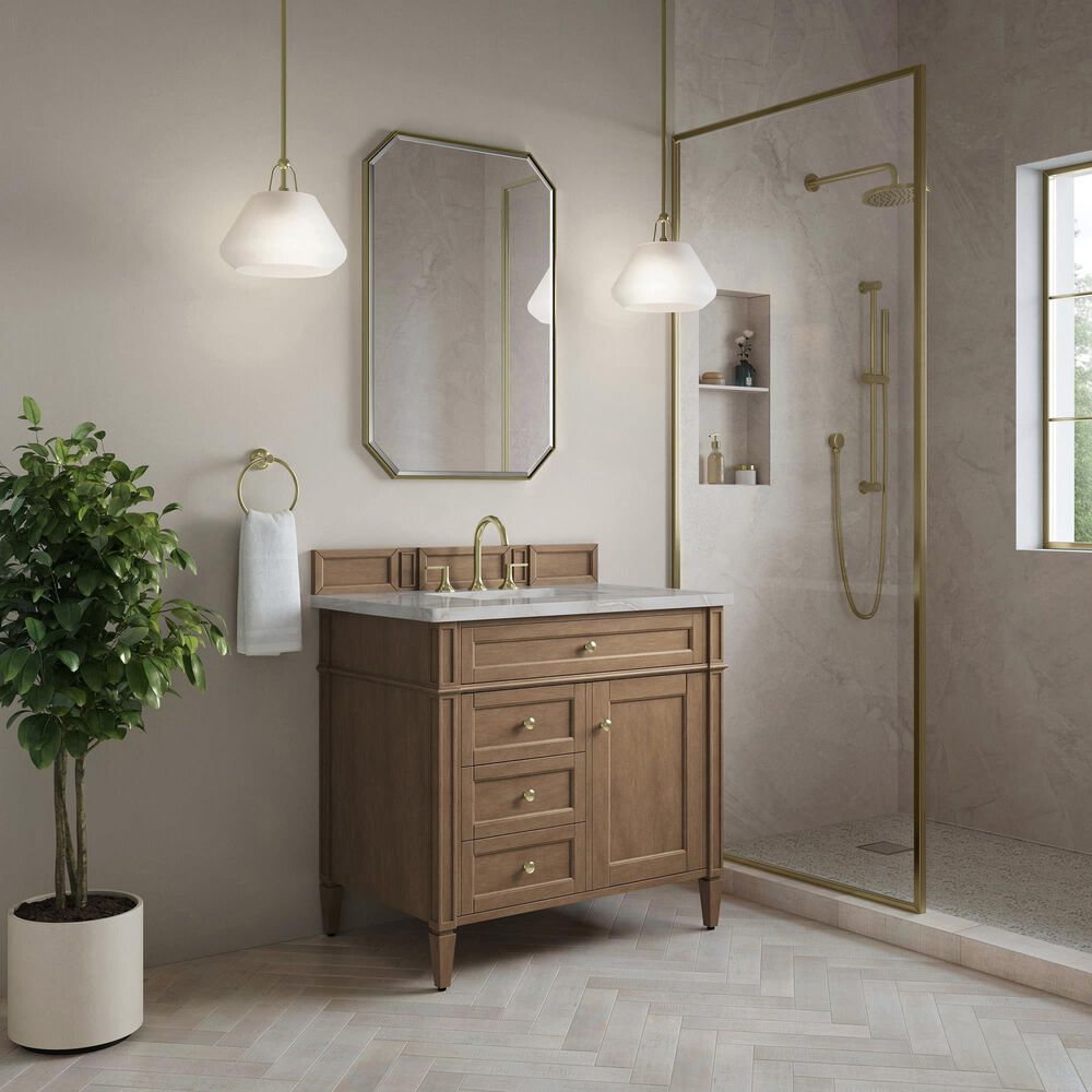 James Martin Brittany 36" Single Bathroom Vanity in Pecan with 3 cm Charcoal Soapstone Silestone Top and Rectangular Sink, , large