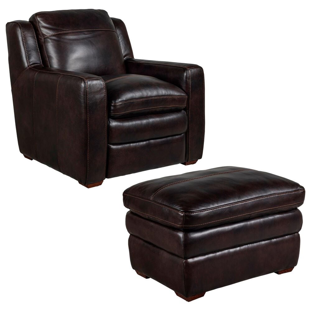 Bordeaux & Co Stationary Leather Chair and Ottoman Set in Berlin Dark Brown, , large