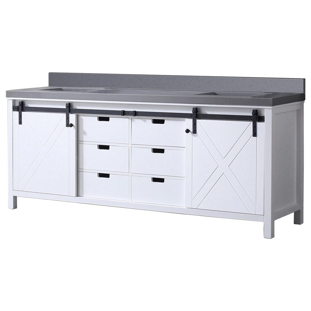 Lexora Home Marsyas 84&quot; Double Bathroom Vanity in White with Grey Quartz Top and Rectangular Sinks, , large