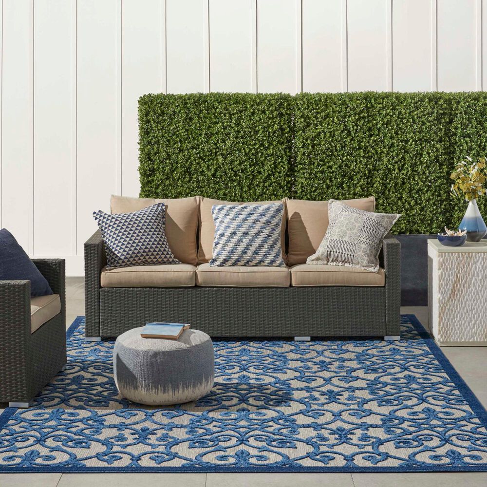 Nourison Aloha Damask 9&#39;6&quot; x 13&#39; Grey and Blue Indoor/Outdoor Area Rug, , large