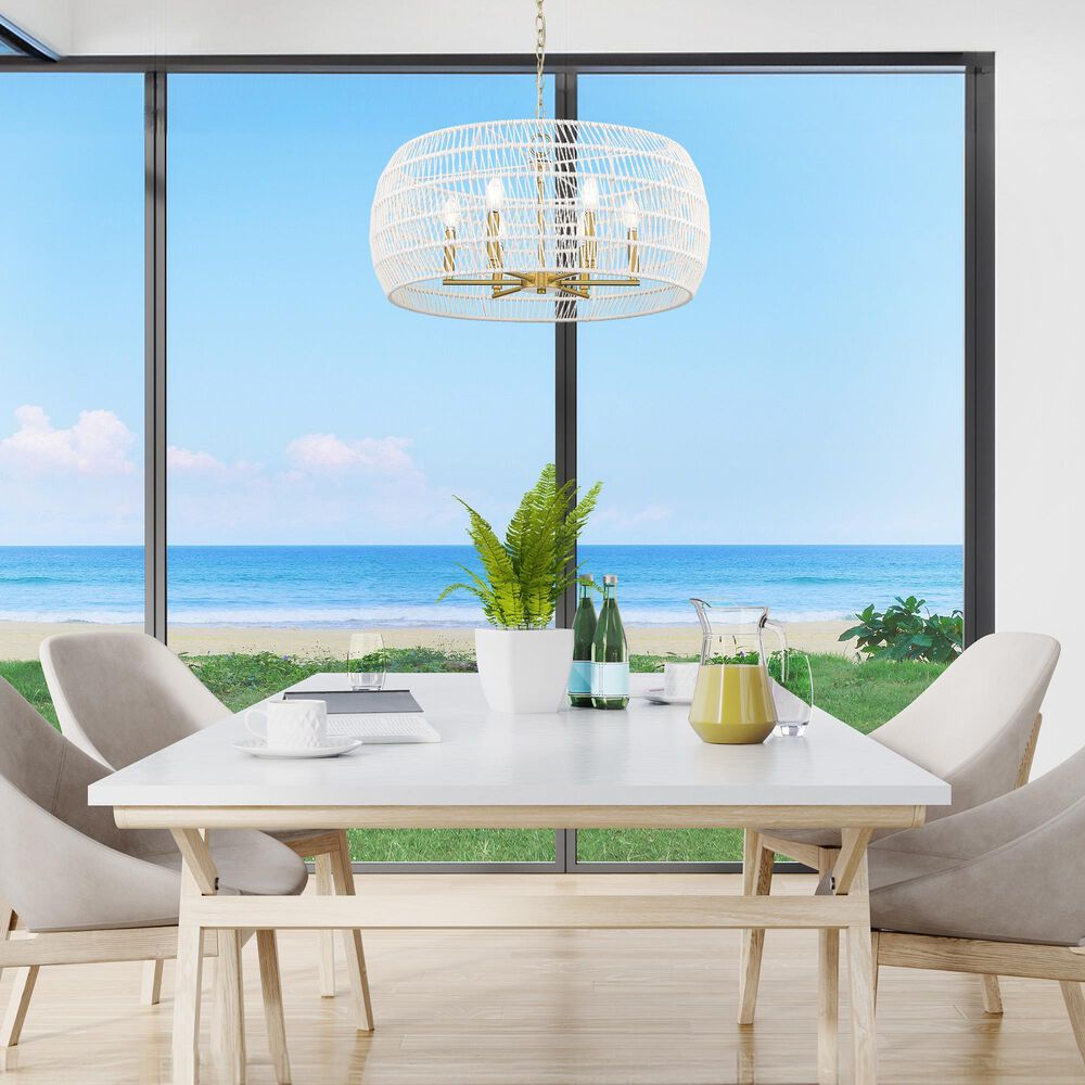 Golden Lighting Ellie 6-Light Chandelier with Bleached White Raphia Rope Shade in Modern Brushed Gold, , large