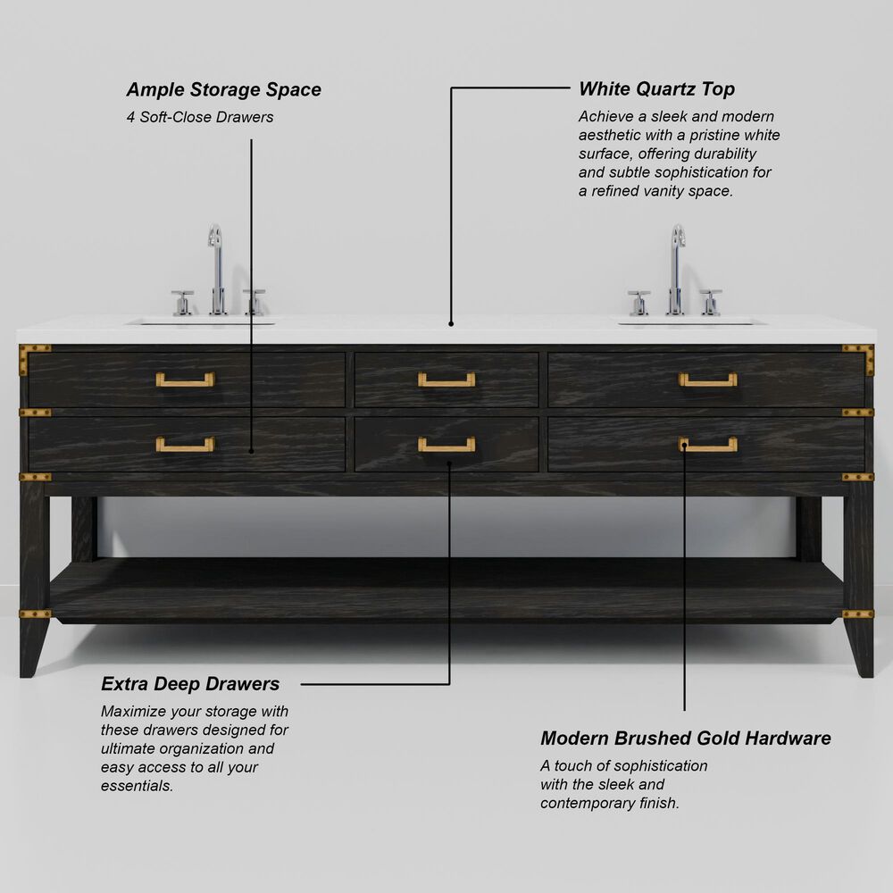 Lexora Home Norwalk 84&quot; Double Bathroom Vanity in Black Oak with White Quartz Top and Rectangular Sinks, , large