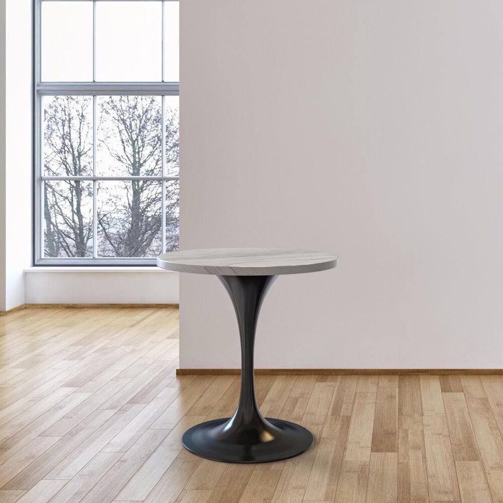 Leisuremod LeisureMod Verve Collection 27 Round Dining Table, Black Base with Laminated White Marbleized Top, , large