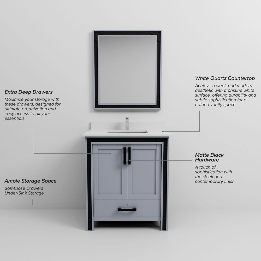 Lexora Home Ziva 30&quot; Single Bathroom Vanity in Dark Grey with 2 cm White Quartz Top and Rectangular Sink, , large