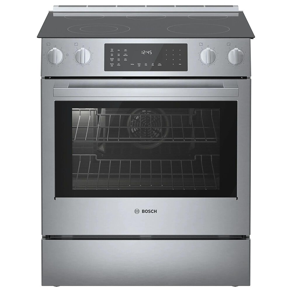 Bosch 800 Series 2-Piece Kitchen Package with 4.6 Cu. Ft. Electric Slide-in Range and 1.9 Cu. Ft. Over-The-Range Microwave in Stainless Steel, , large