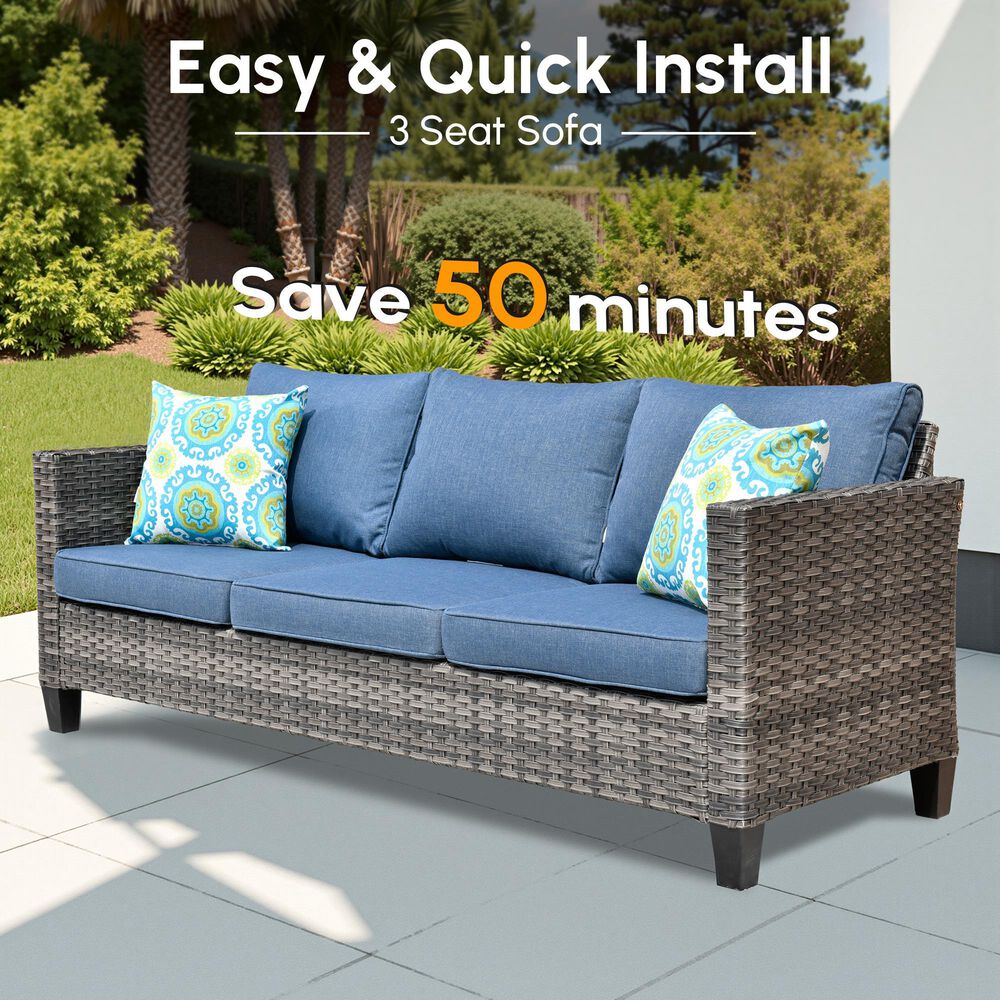 HOMLUX 3-Piece 77" Patio Sofa and Ottoman Set in Denim Blue, , large