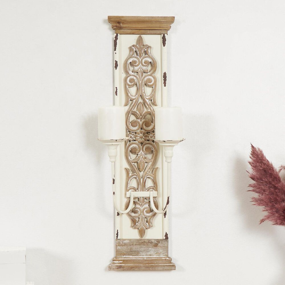 Maple and Jade Scroll Pillar 2 Plate Indoor/Outdoor Wall Sconce in Washed Brown and Distressed White, , large