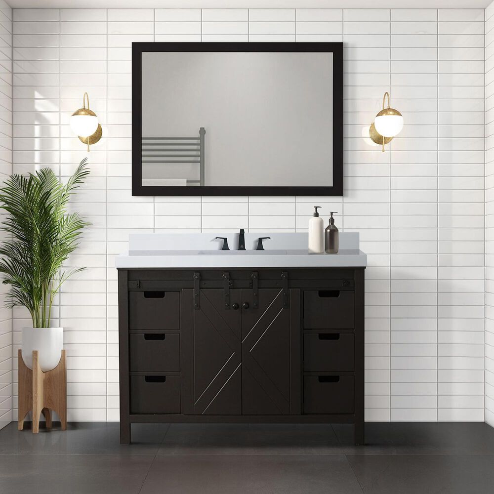 Lexora Home Marsyas 48&quot; Single Bathroom Vanity in Brown with 2 cm White Cultured Marble Top and Rectangular Sink, , large