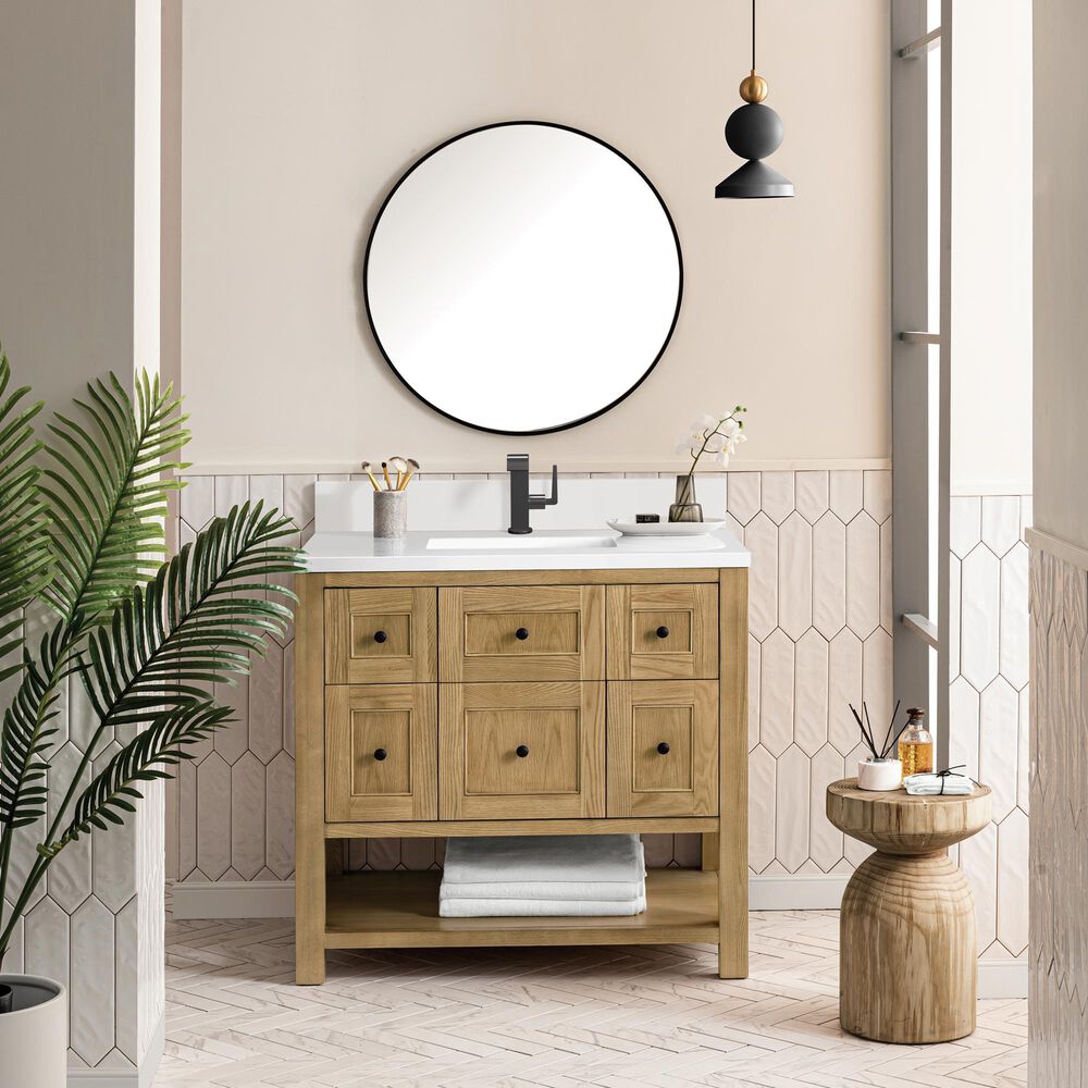 James Martin Vanities Breckenridge 36&quot; Single Bathroom Vanity in Light Natural Oak with Single Hole 3 cm White Zeus Quartz Top and Rectangular Sink, , large