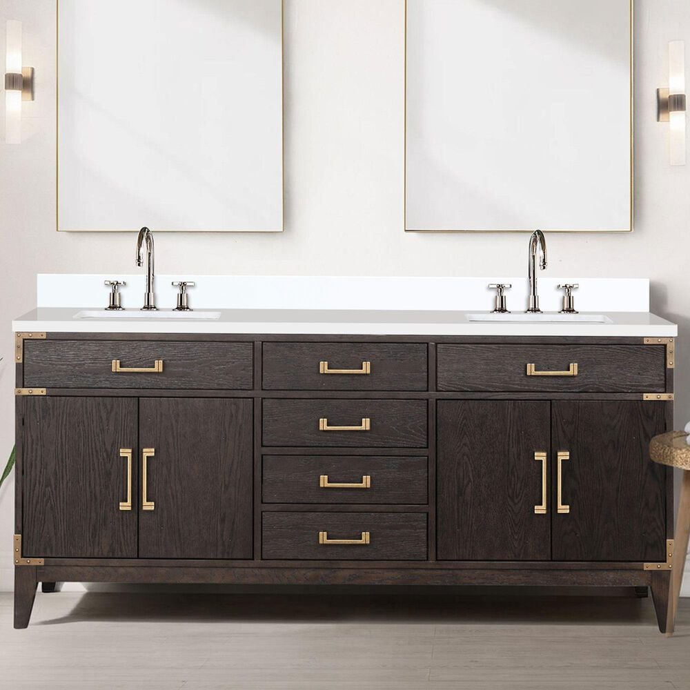 Lexora Home Laurel 72&quot; Double Bathroom Vanity in Brown Oak with White Quartz Top and Rectangular Sinks, , large