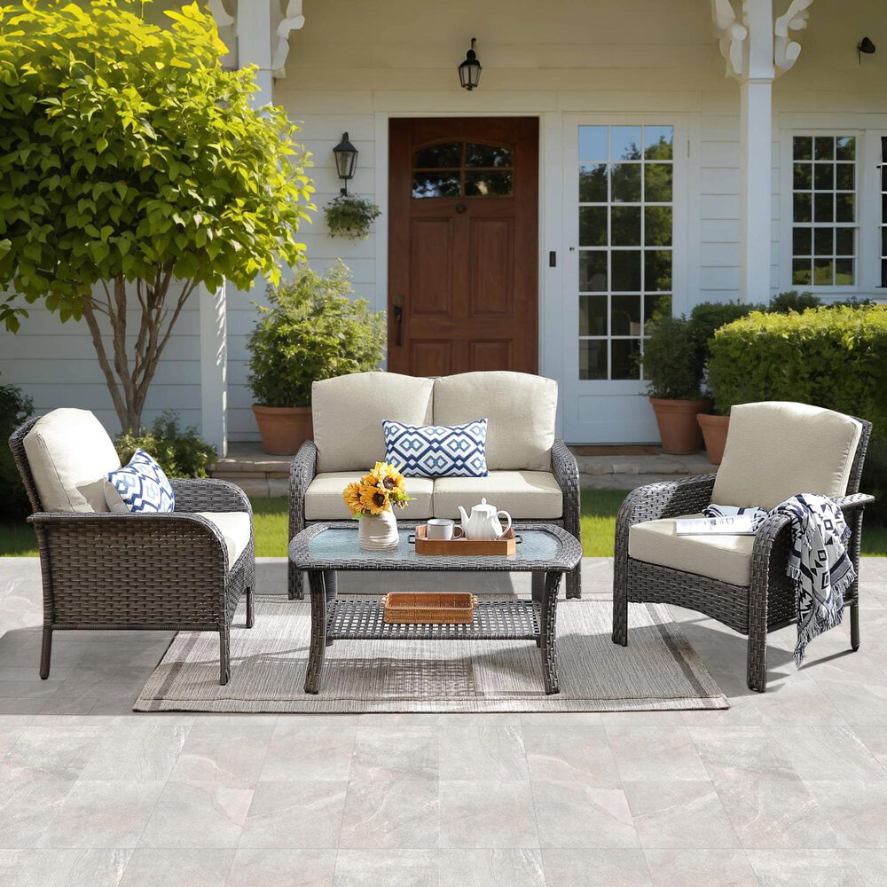 HOMLUX 4-Piece Patio Conversation Set with Grey Wicker in Beige, , large