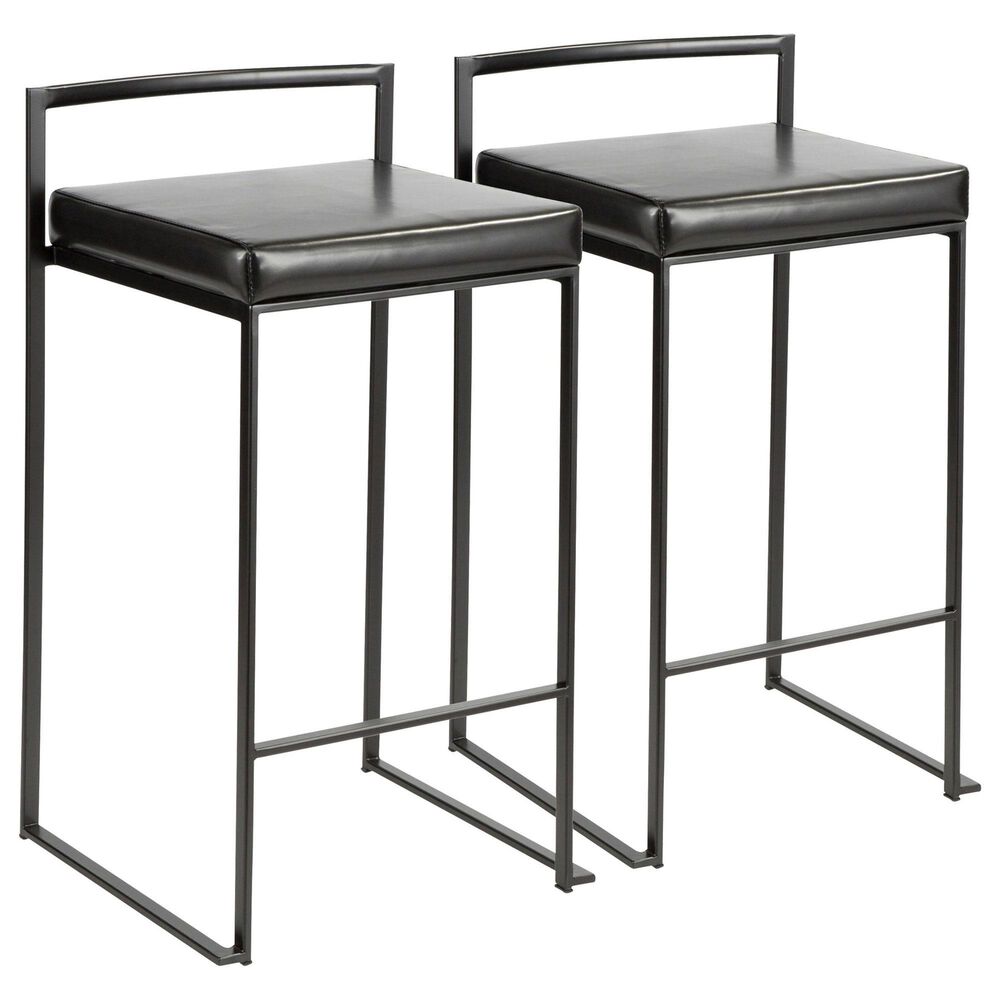 LumiSource Fuji Stackable Counter Stool with Black Faux Leather Cushion in Black (Set of 2), , large
