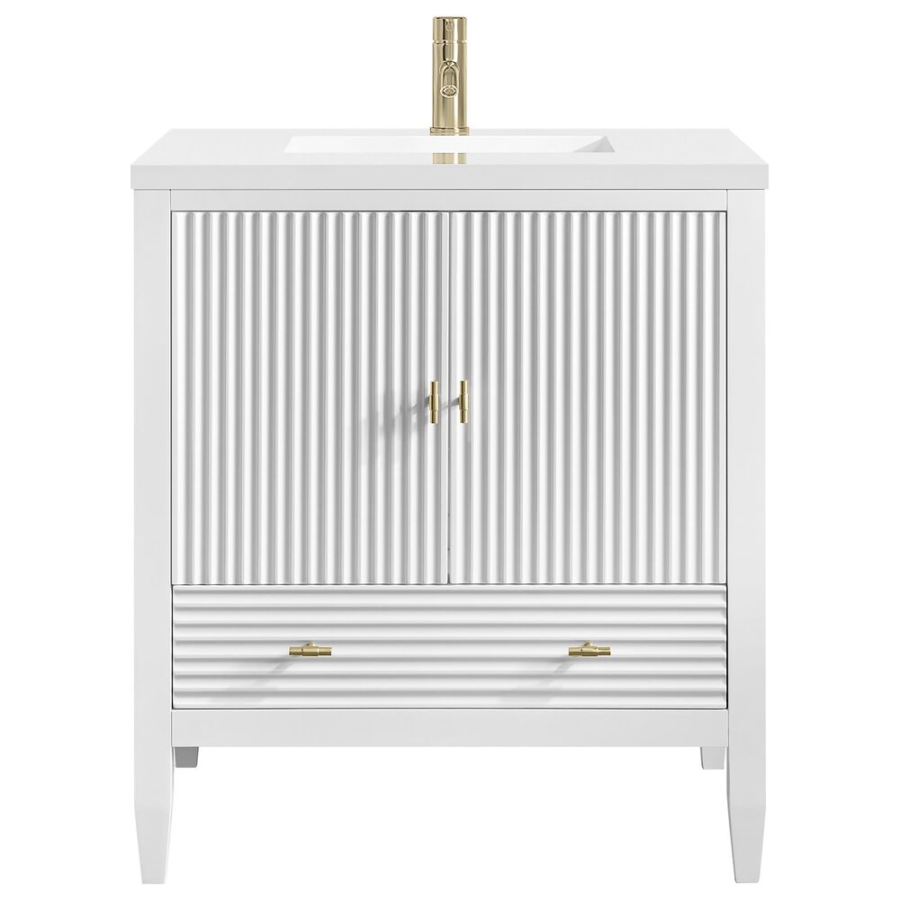 James Martin Myrrin 30" Single Bathroom Vanity in Bright White with Single Hole 3 cm White Zeus Silestone Top and Rectangular Sink, , large