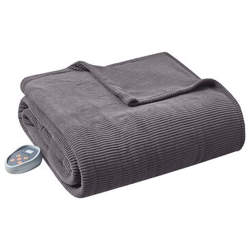 Hampton Park Electric Micro Fleece Heated Full Blanket in Grey, , large