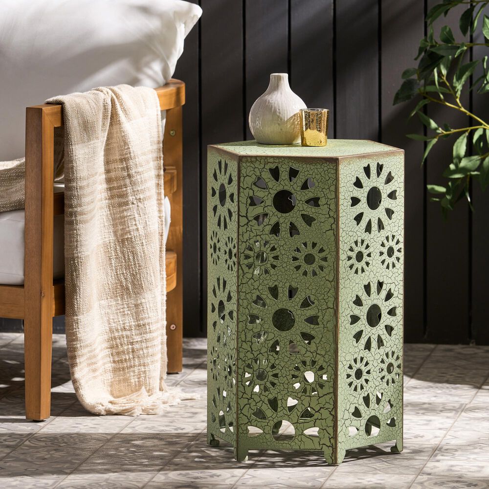 Hearth and Haven Galore 14" Outdoor Hexagon Metal Side Table with Sunburst Cut Out Design in Green, , large