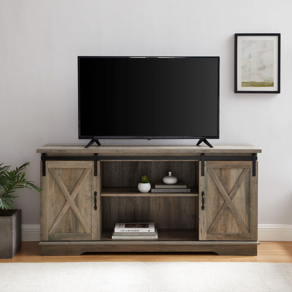 Walker Edison 58&quot; Sliding Barn Door TV Stand in Grey Wash, , large