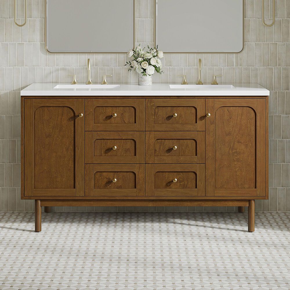 James Martin Laurent 60" Double Bathroom Vanity in Honey Oak with 3 cm White Zeus Silestone Top and Rectangular Sinks, , large