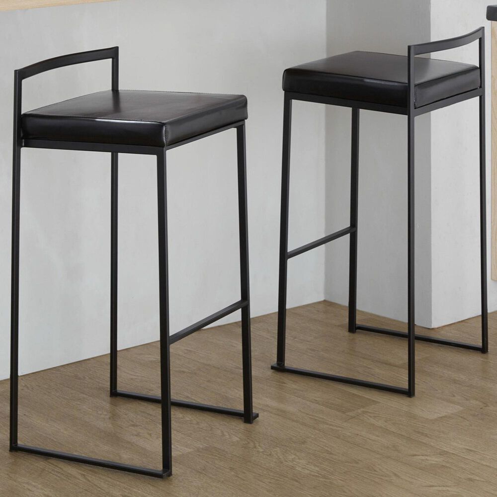 Lumisource Fuji Stackable Barstool with Black Faux Leather Cushion in Black &#40;Set of 2&#41;, , large