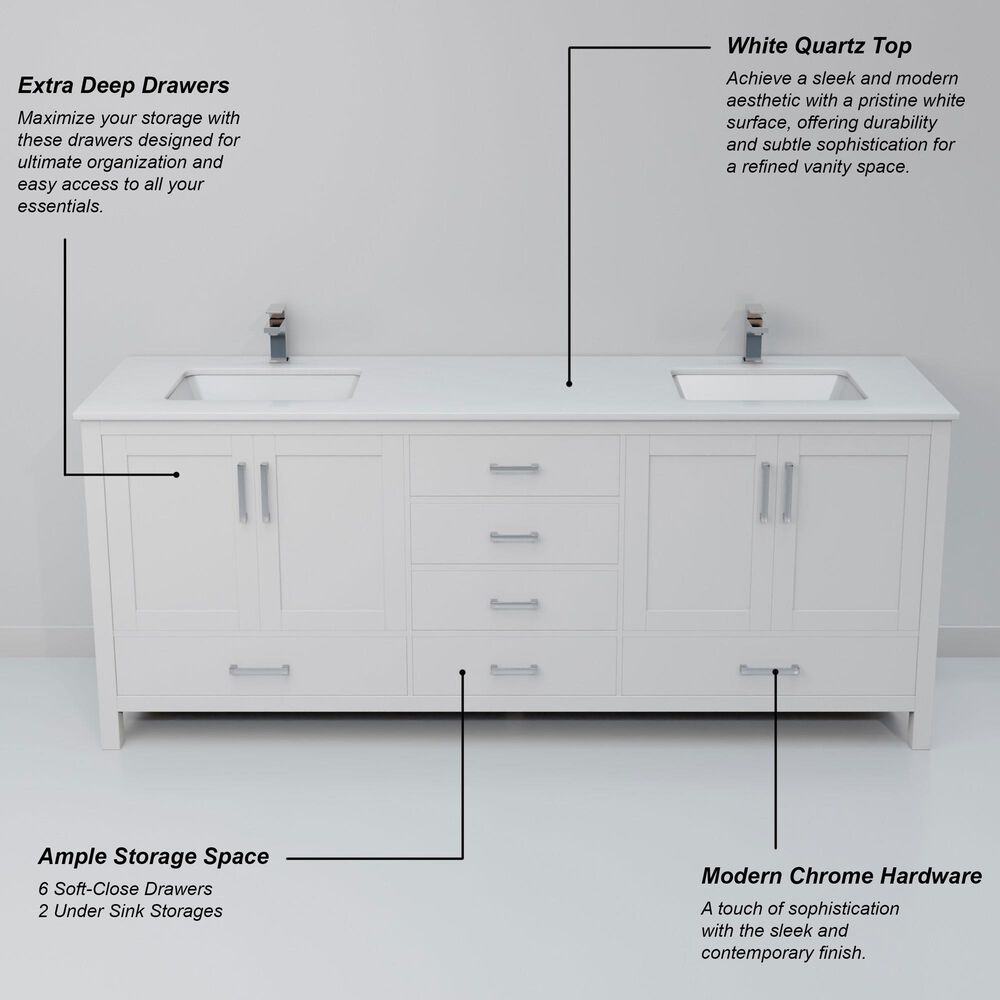 Lexora Home Jacques 72&quot; Double Bathroom Vanity in White with 2 cm White Quartz Top and Rectangular Sinks, , large