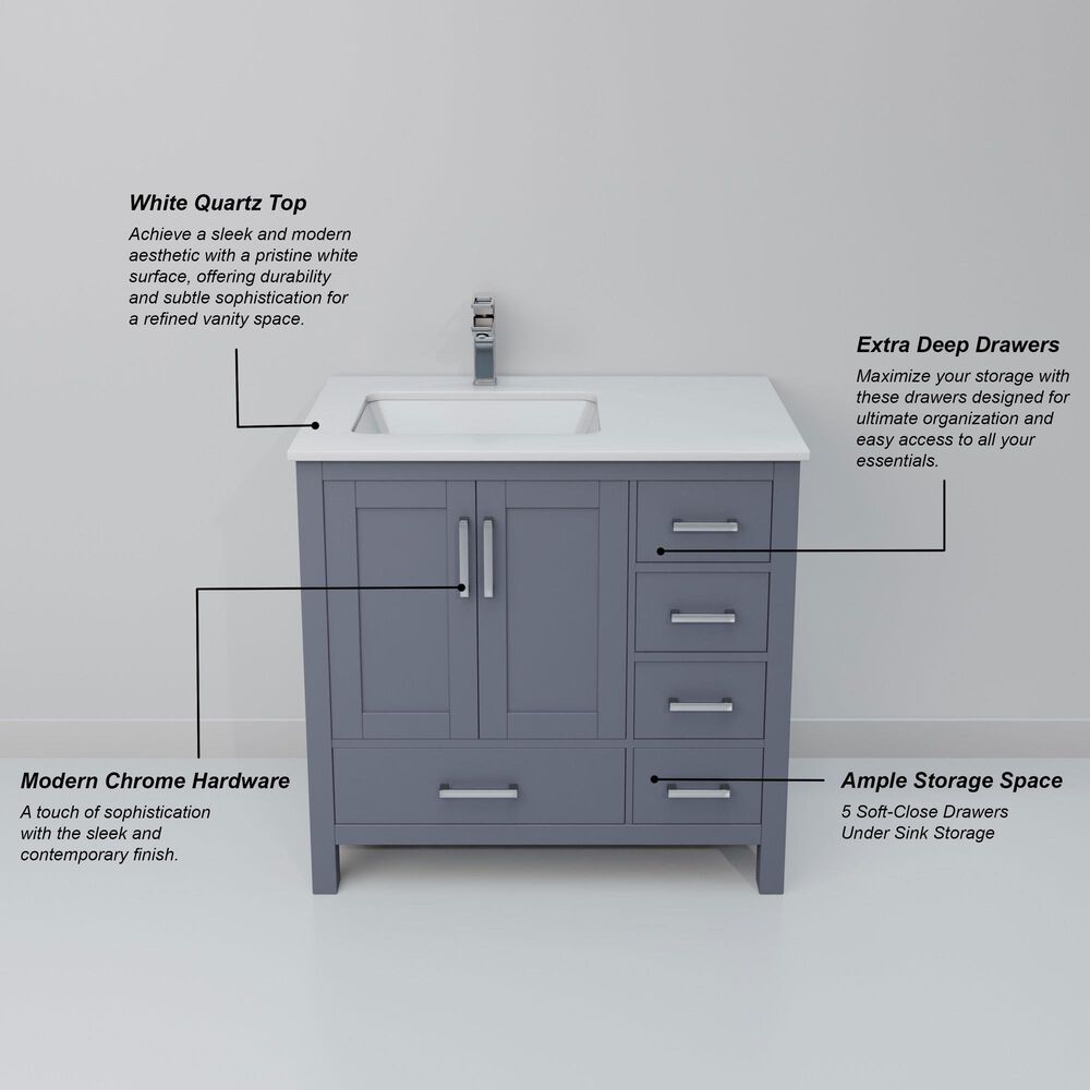Lexora Home Jacques 36" Left Offset Single Bathroom Vanity in Dark Grey with 2 cm White Quartz Top and Rectangular Sink, , large