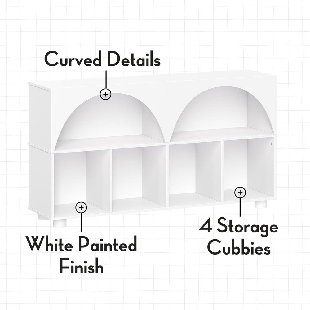 RiverRidge Home Kids Curve Appeal 46" 4-Cubby Bookcase with 2 Taupe Bins in White, , large