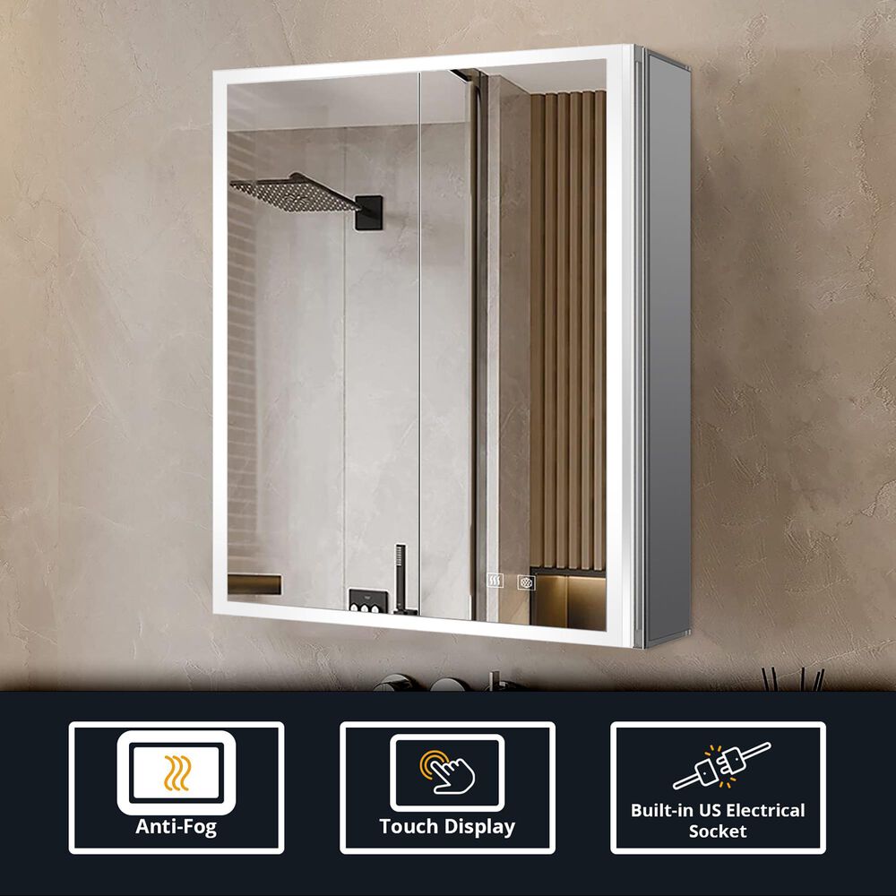 Lexora Home Mesa 24" x 30" LED Mirror Medicine Cabinet with Defogger in Aluminium, , large