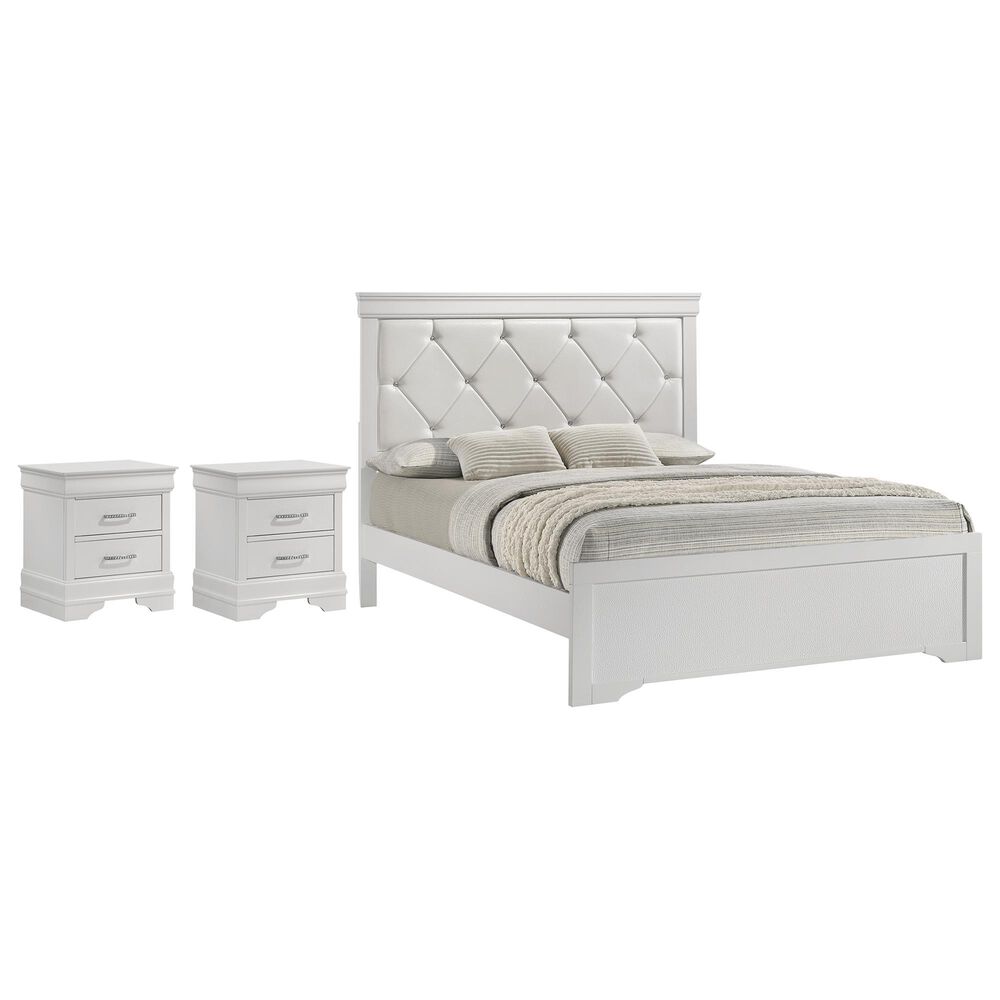 Crown Mark Amalia King Bed with Two Nightstands in White, , large