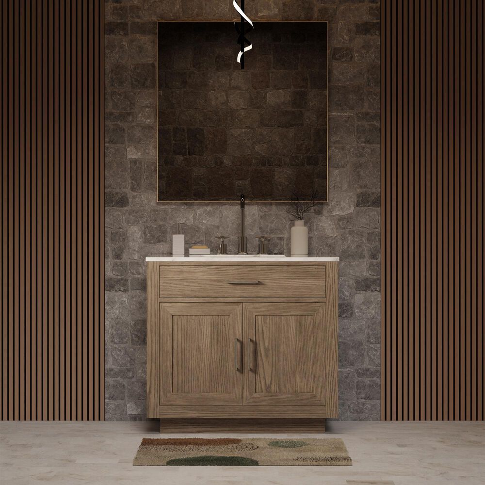 Lexora Home Abbey 36" Single Bathroom Vanity in Grey Oak with 2 cm White Carrara Marble Top and Rectangular Sink, , large