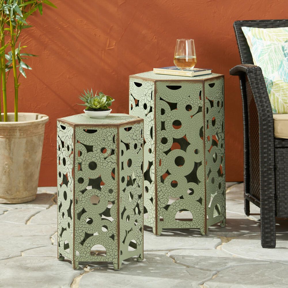Hearth and Haven Selva 2-Piece Outdoor Hexagon Metal Side Table Set in Antique Green, , large