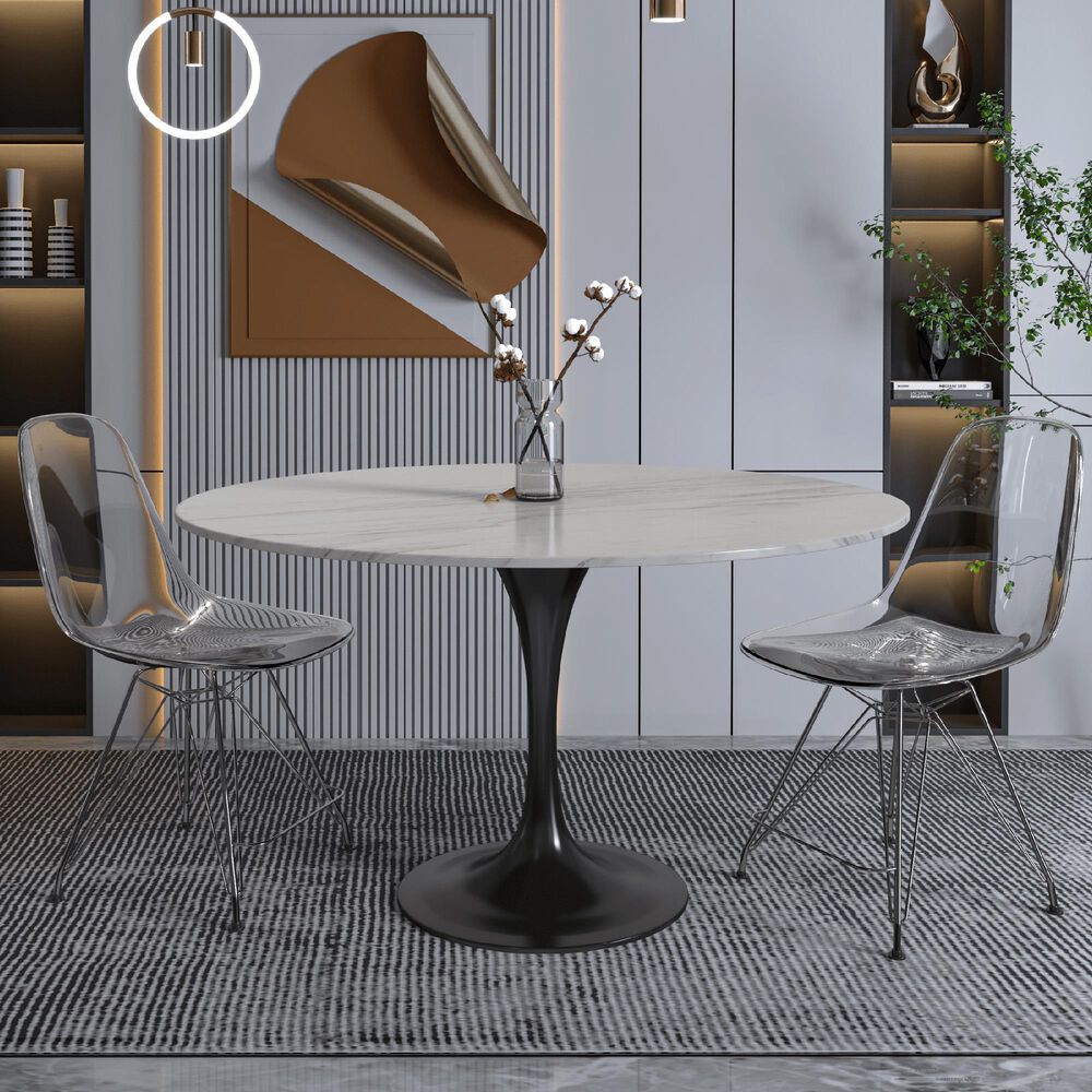 Leisuremod LeisureMod Verve Collection 48 Round Dining Table, Black Base with Sintered Stone White Top, , large