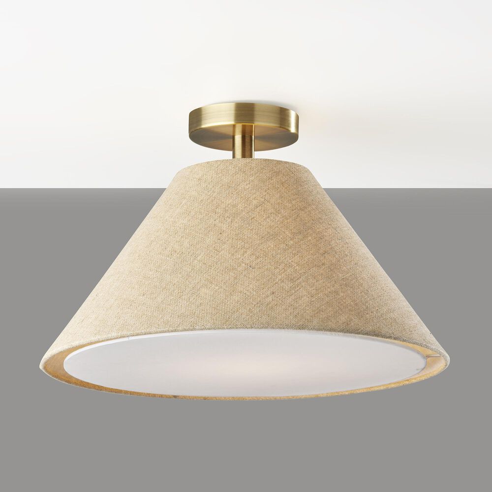 Adesso Hadley 1-Light Flush Mount with Light Brown Shade in Antique Brass, , large