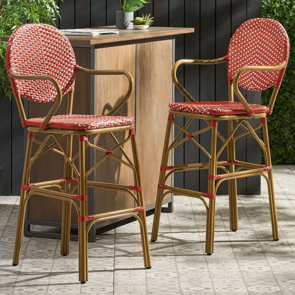 Hearth and Haven Outdoor Wicker French Barstool with Curved Design in Red (Set of 2), , large