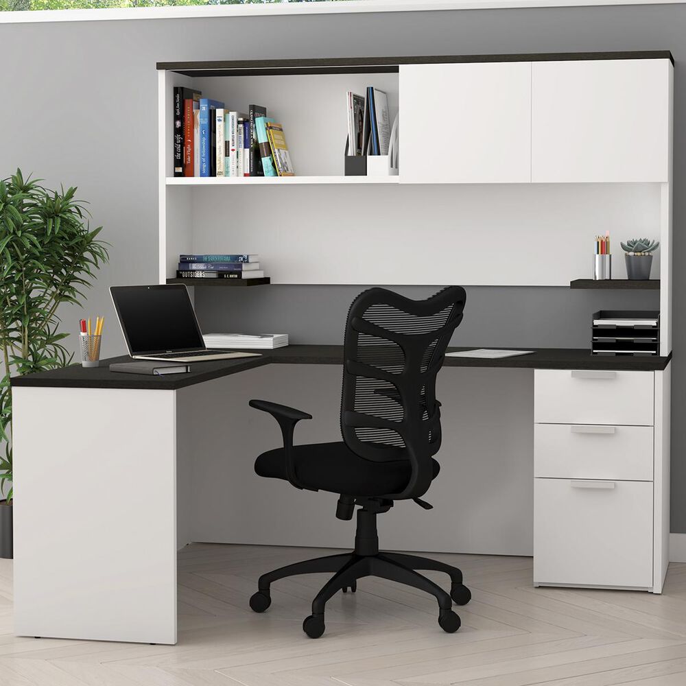 Bestar Pro-Concept Plus L-Desk with Hutch in White and Deep Grey, , large