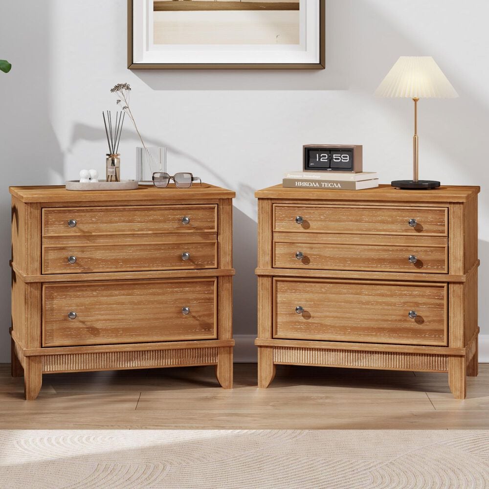 Hearth and Haven 3-Drawer Nightstand with Felt-Lined Hidden Space in Natural (Set of 2), , large