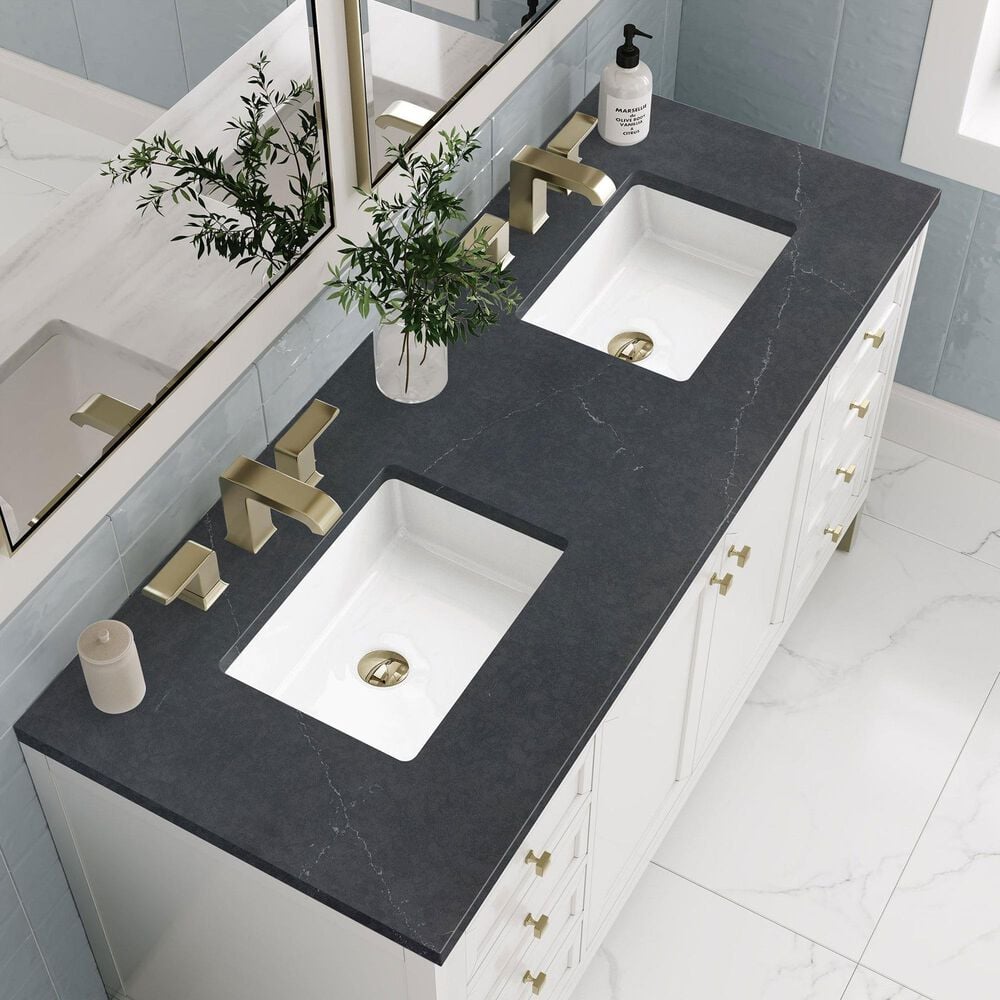 James Martin Vanities Chicago 60&quot; Double Bathroom Vanity in Glossy White with 3 cm Charcoal Soapstone Quartz Top and Rectangular Sinks, , large