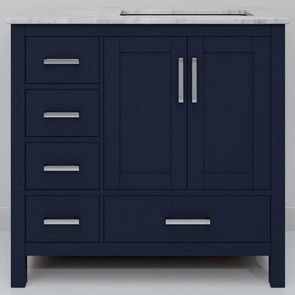 Lexora Home Jacques 36&quot; Right Offset Single Bathroom Vanity in Navy Blue with 2 cm White Carrara Marble Top and Rectangular Sink, , large
