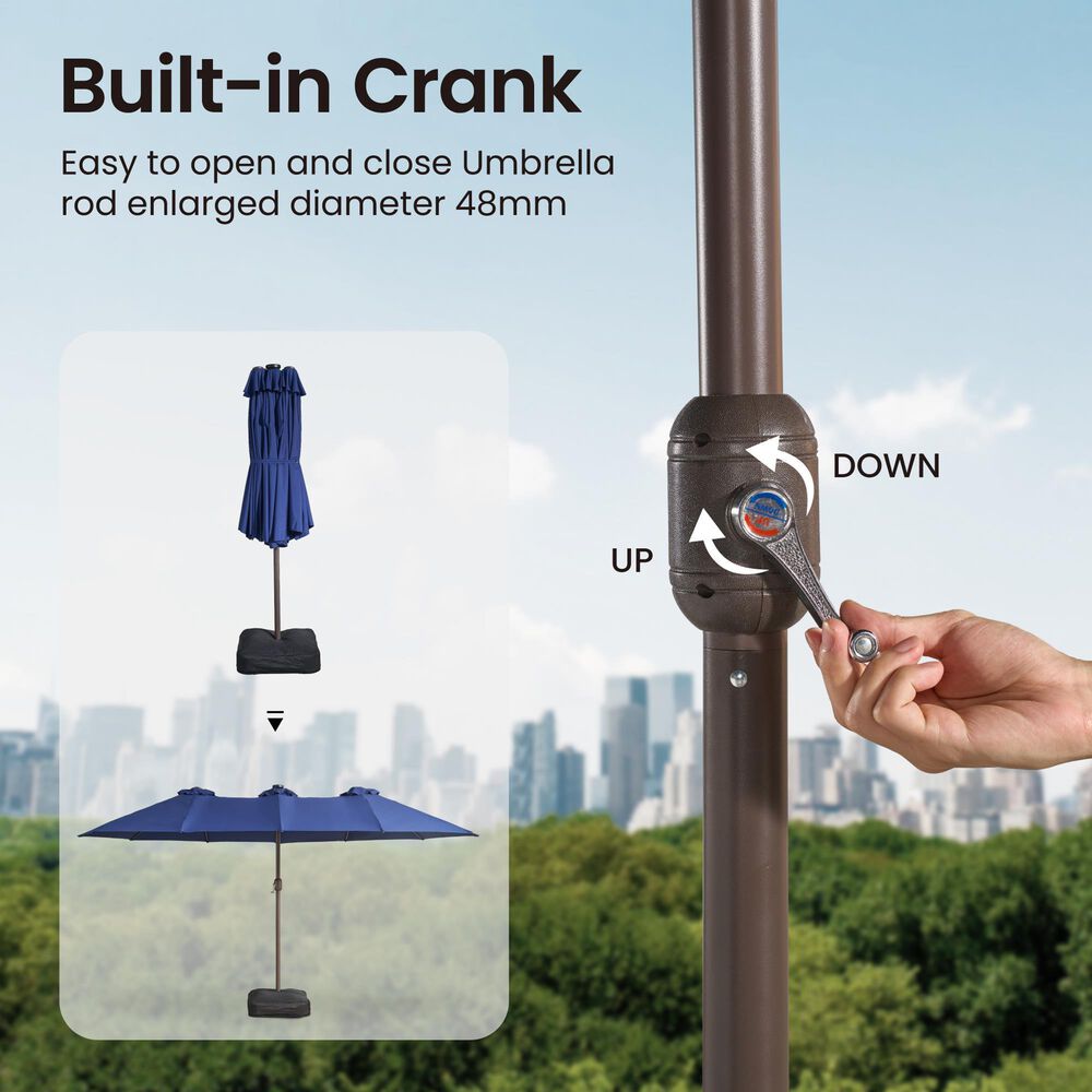 HOMLUX 15' Double-Sided Outdoor Market Umbrella with Sandbag Base and White LED Beads in Royal Blue, , large